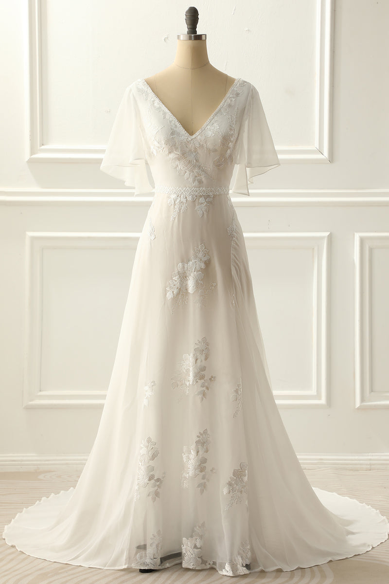 OEM-15 OEM-15 Deep V neckline, ruffled sleeves, lace appliqués,A-line wedding dress - wholesale wedding dress