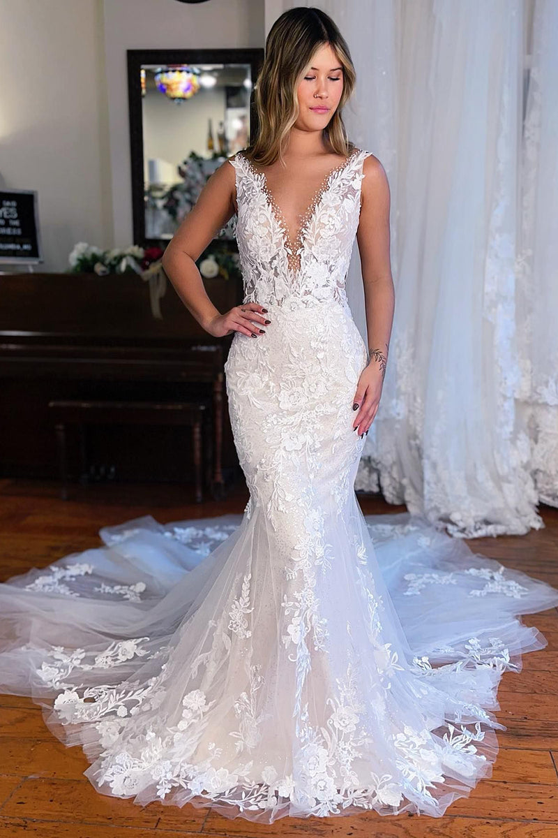 OEM-32 OEM-32 Deep V neckline, premium lace appliqués, mermaid wedding dress - wholesale wedding dress