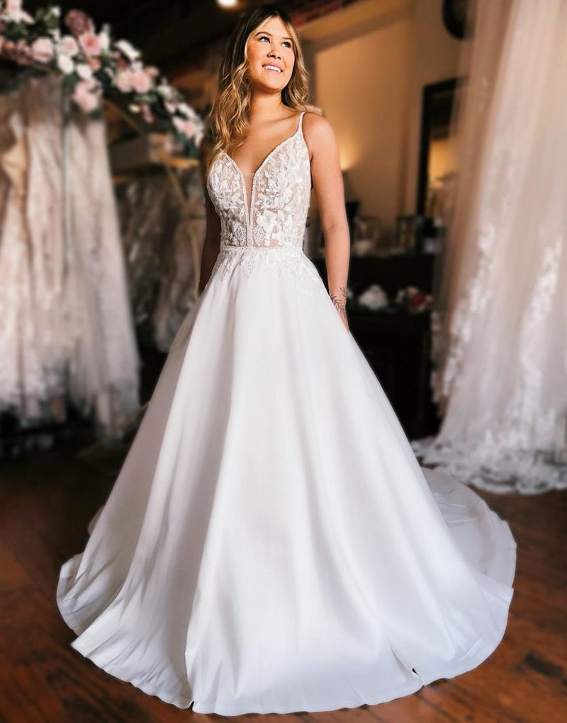 OEM-35 OEM-35 Deep V neckline, high-end lace appliqués, A-line wedding dress - wholesale wedding dress