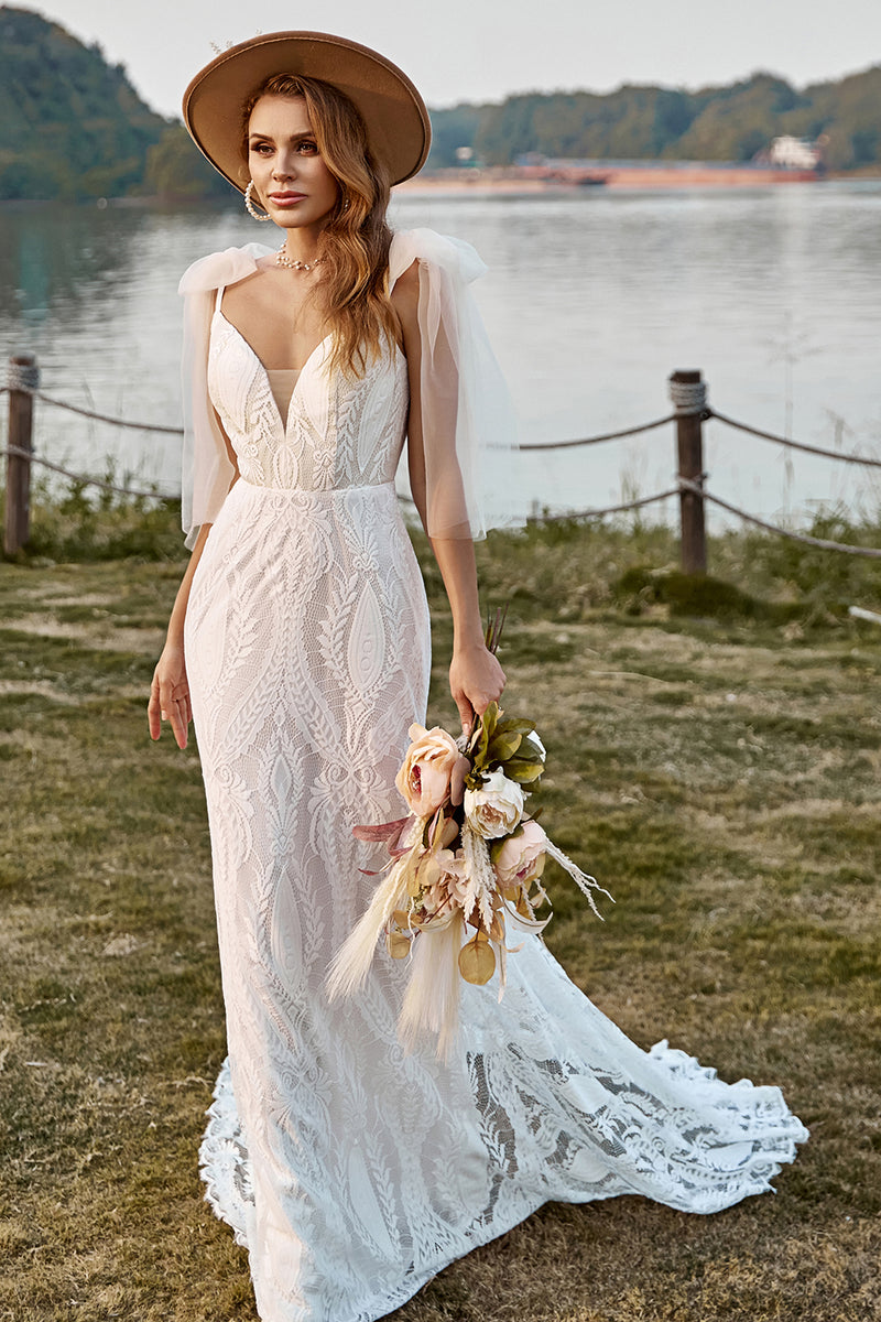 OEM-7 OEM-7 Lace appliqués, deep V neckline, spaghetti straps, mermaid wedding dress - wholesale wedding dress