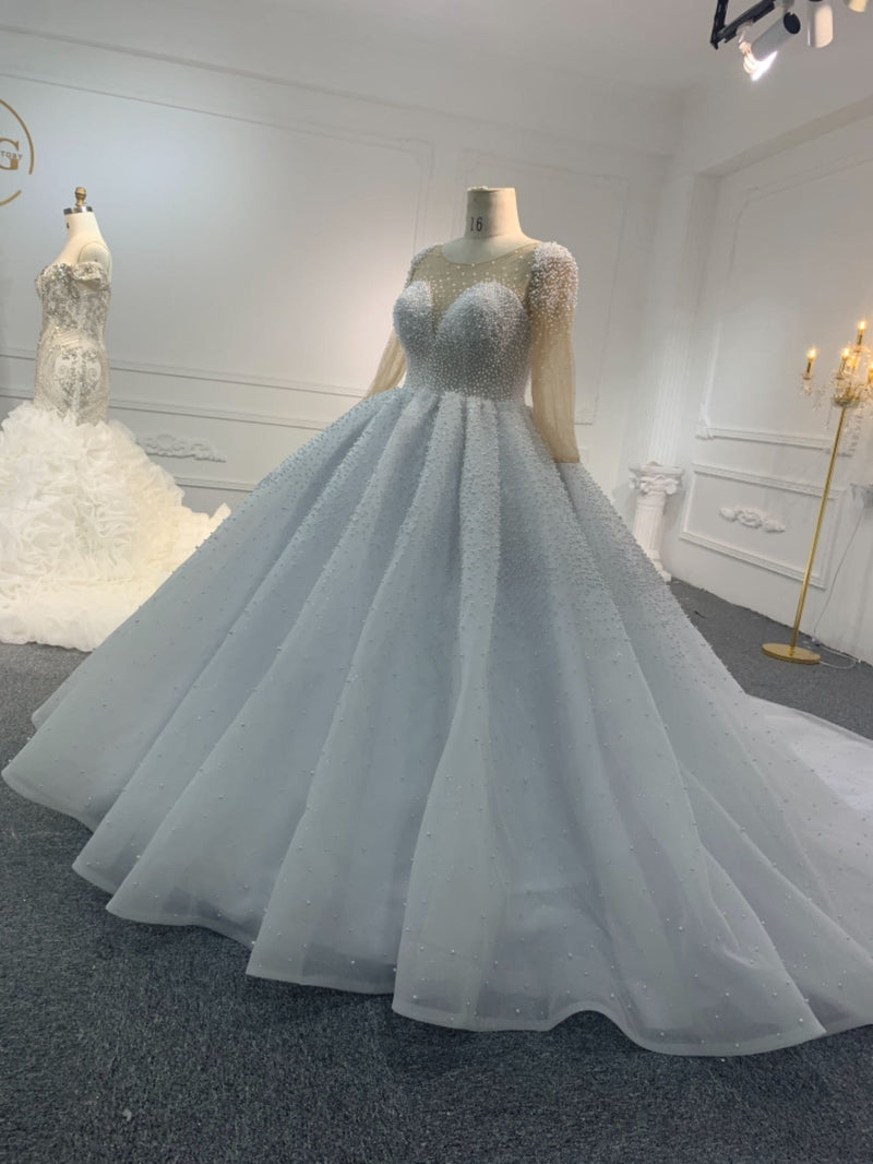 OEM002 #OEM002 LUXURY V NECK FULL PEARLS BALL GOWN WITH 2 METERS - wholesale wedding dress