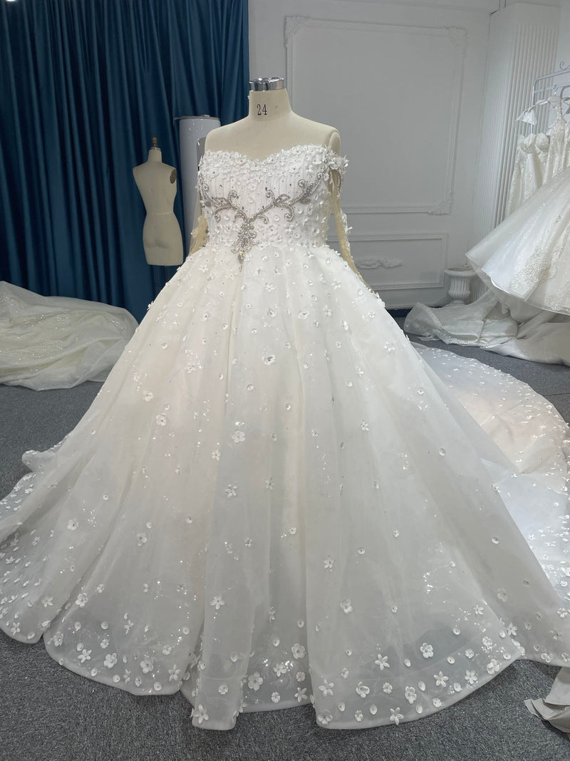 OEM007 OEM007 OFF-SHOULDER HEAVY PEARL AND FLOWER SHAPE BEADING BALL GOWN with 2 meters - wholesale wedding dress