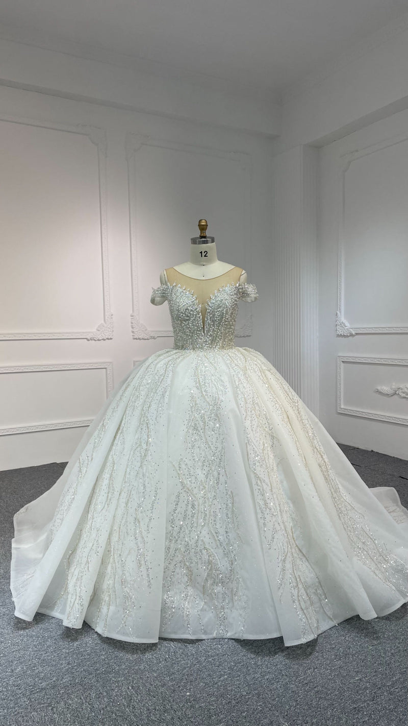 OEM23-27 OEM23-27 LUXURY SHORT SLEEVES WITH HEAVY BEADINGS BWLLGOWN - wholesale wedding dress