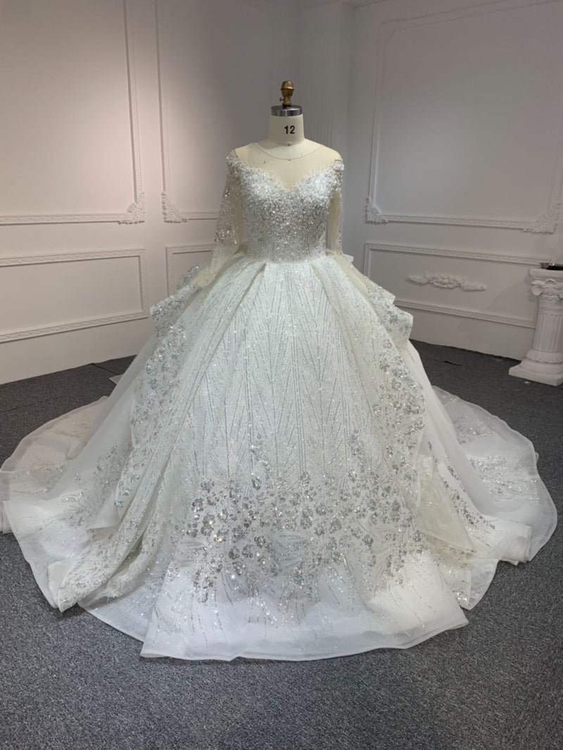 OEM23-39 OEM23-39 Long sleeves with bow and luxurious beading Ball gown wedding dress - wholesale wedding dress
