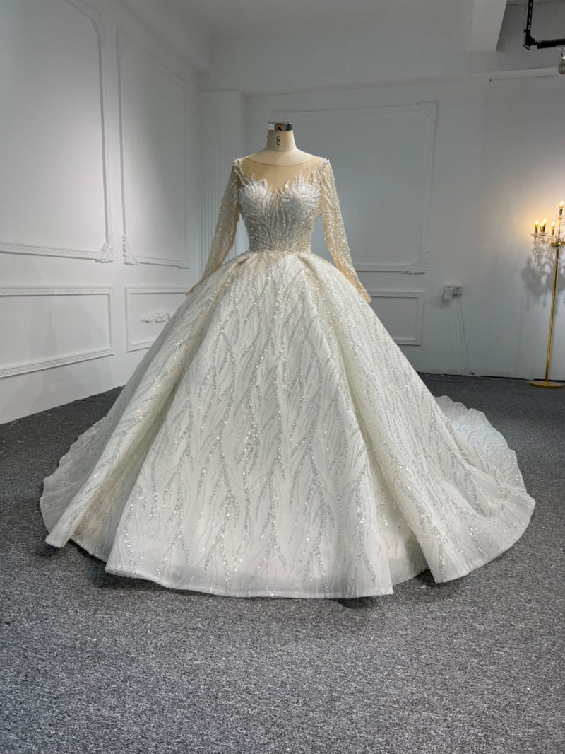 OEM23-44 OEM23-44 LUXURY GLITTER LONG SLEEVES WEDDING DRESS WITH 2 METERS TAIL - wholesale wedding dress
