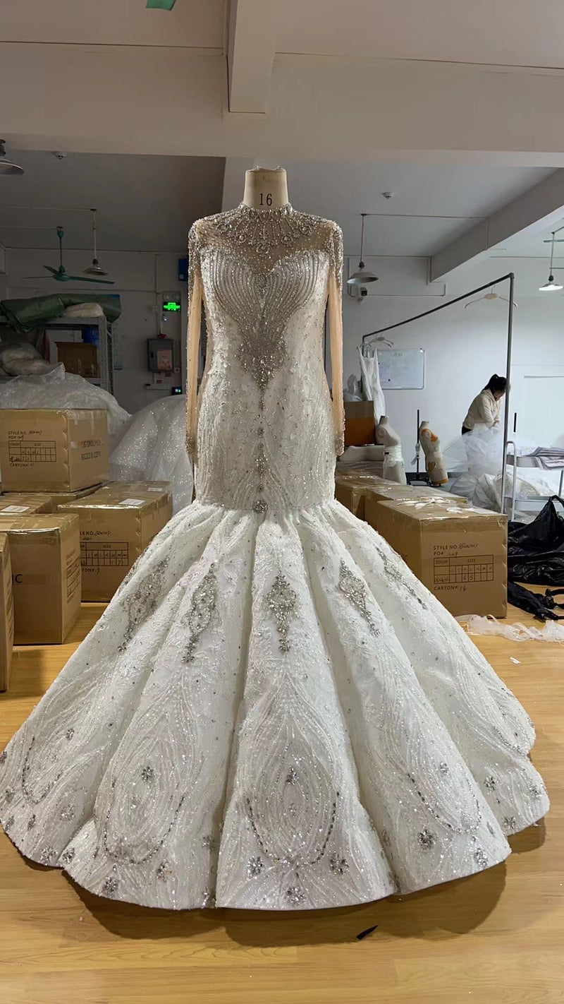 OEM24-14 OEM24-14 LUXURY LONG SLEEVE DIAMOND LACE MERMAID WEDDING DRESS - wholesale wedding dress