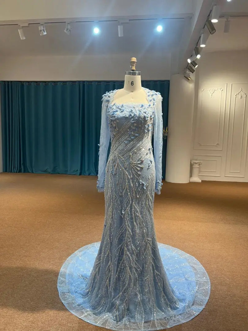 OEM26-11 OEM26-11 Custom Made Blue Long Sleeve Mermaid Wedding Dress – Modern Fishtail Gown Factory - wholesale wedding dress