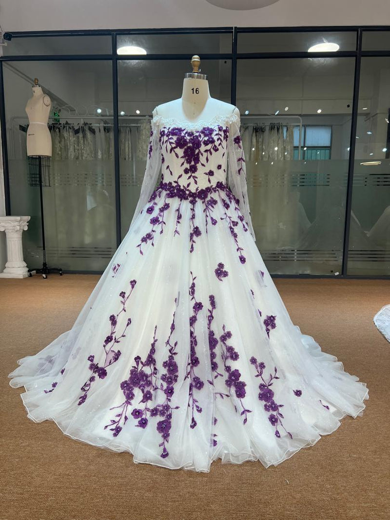 OEM26-30 OEM26-30 Off-Shoulder Long Sleeve A-Line Wedding Dress – Tulle Bridal Gown with Matching V… - wholesale wedding dress