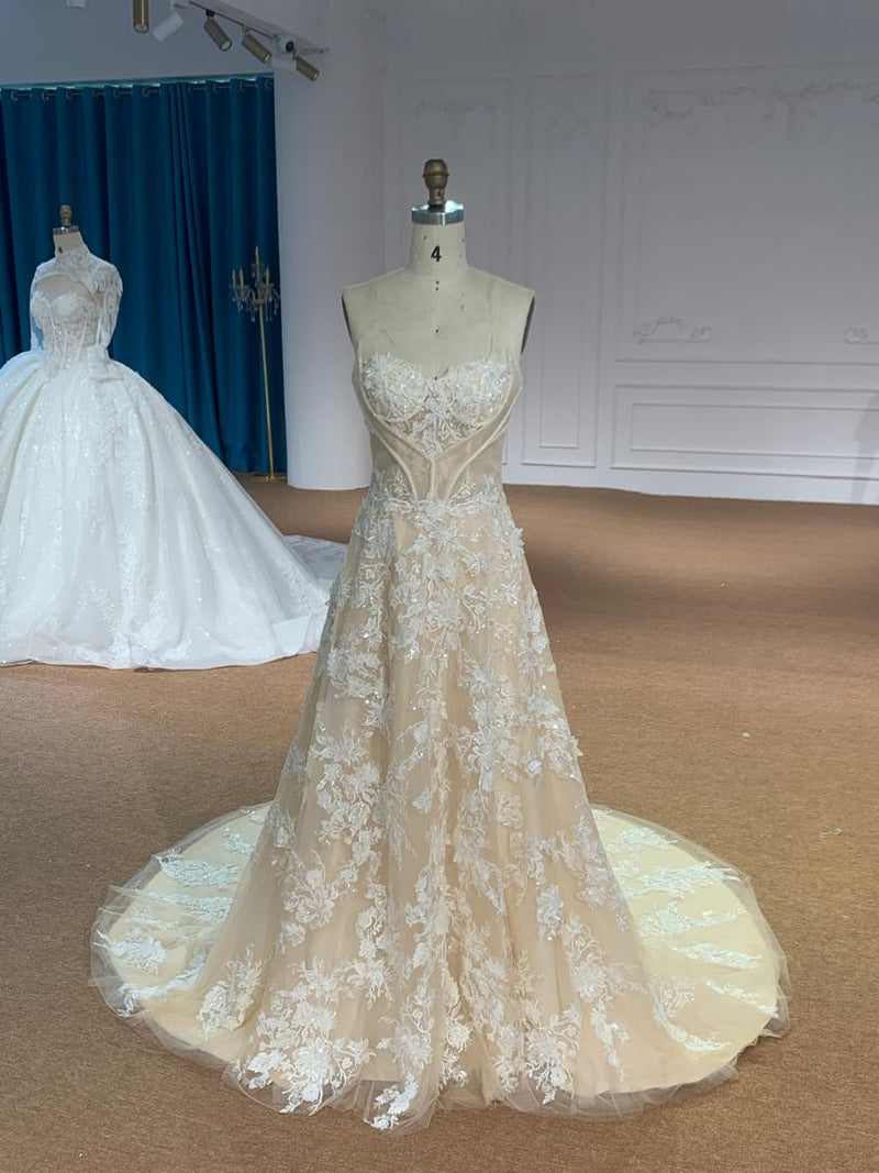 OEM26-43 OEM26-43 Champagne Sleeveless A-Line Wedding Dress – Beaded Bridal Gown with Back Lace-Up - wholesale wedding dress