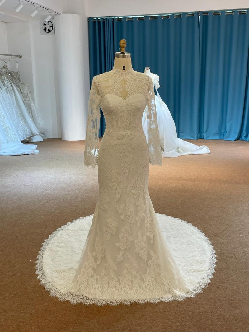 OEM26-54 OEM26-54 Modest French Lace Mermaid Wedding Dress – Muslim-Friendly Fishtail Gown with Bac… - wholesale wedding dress