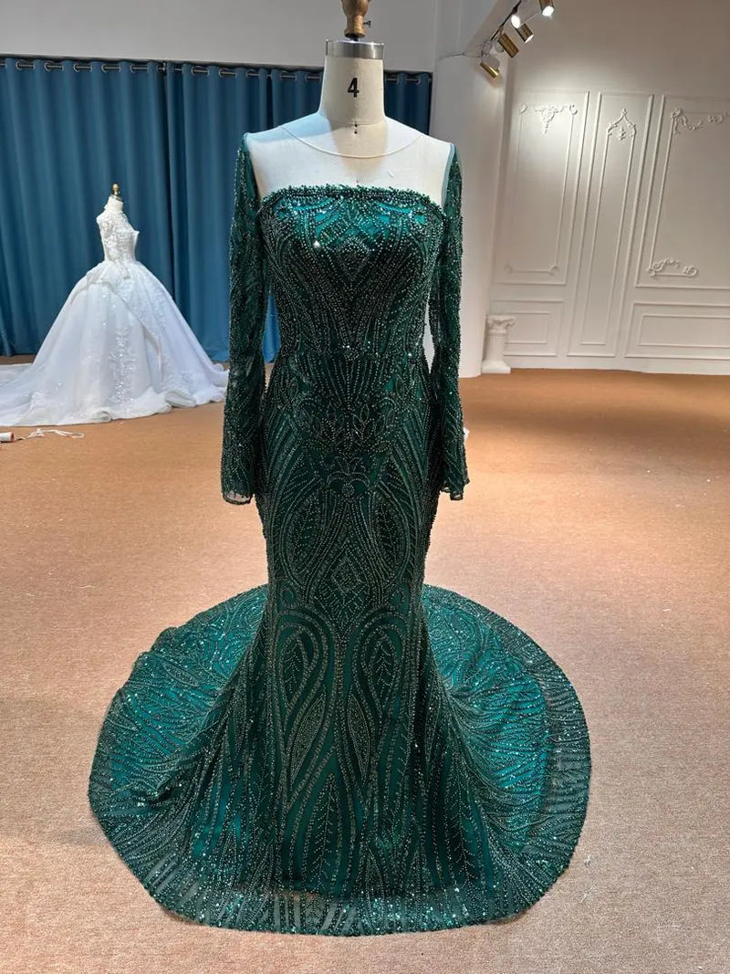 OEM26-6 OEM26-6 Deep Green Long Sleeve Mermaid Dress | Satin Fishtail Evening Gown - wholesale wedding dress
