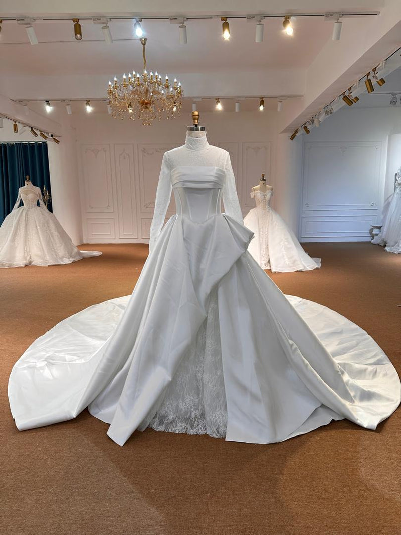 OEM26-70 OEM26-70 Satin and Lace Long Sleeve A-Line Wedding Dress – Mixed Fabric Bridal Gown with B… - wholesale wedding dress
