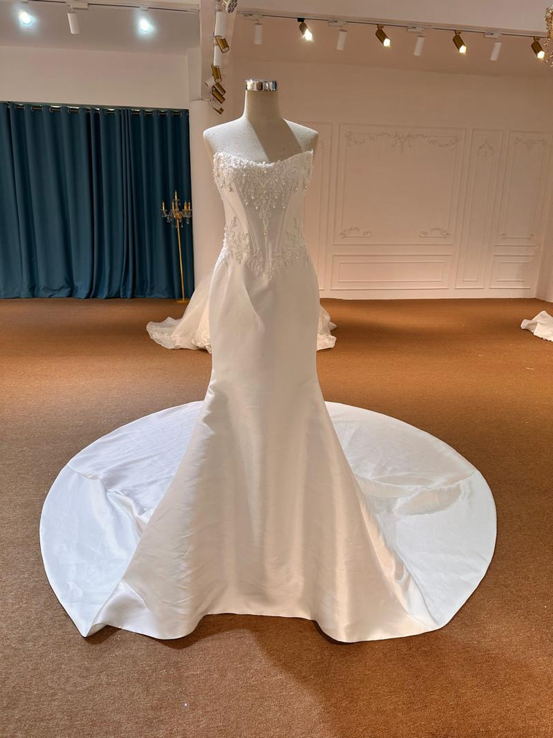OEM26-74 OEM26-74 Sleeveless Satin Mermaid Wedding Dress – Fishtail Gown with Back Lace-Up and Trai… - wholesale wedding dress
