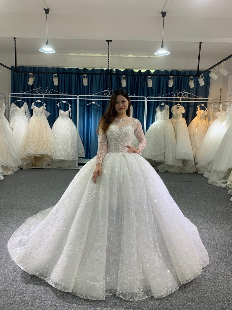 OEM26-904 OEM high quality lace flower long sleeves wedding gown - wholesale wedding dress