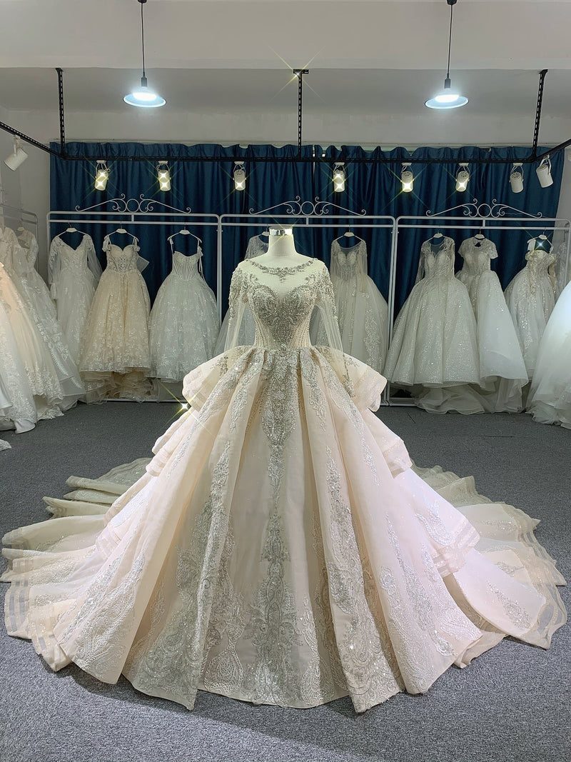 OEM26-906 OEM luxury stunning heavy beadings wedding dress with cathedral train - wholesale wedding dress