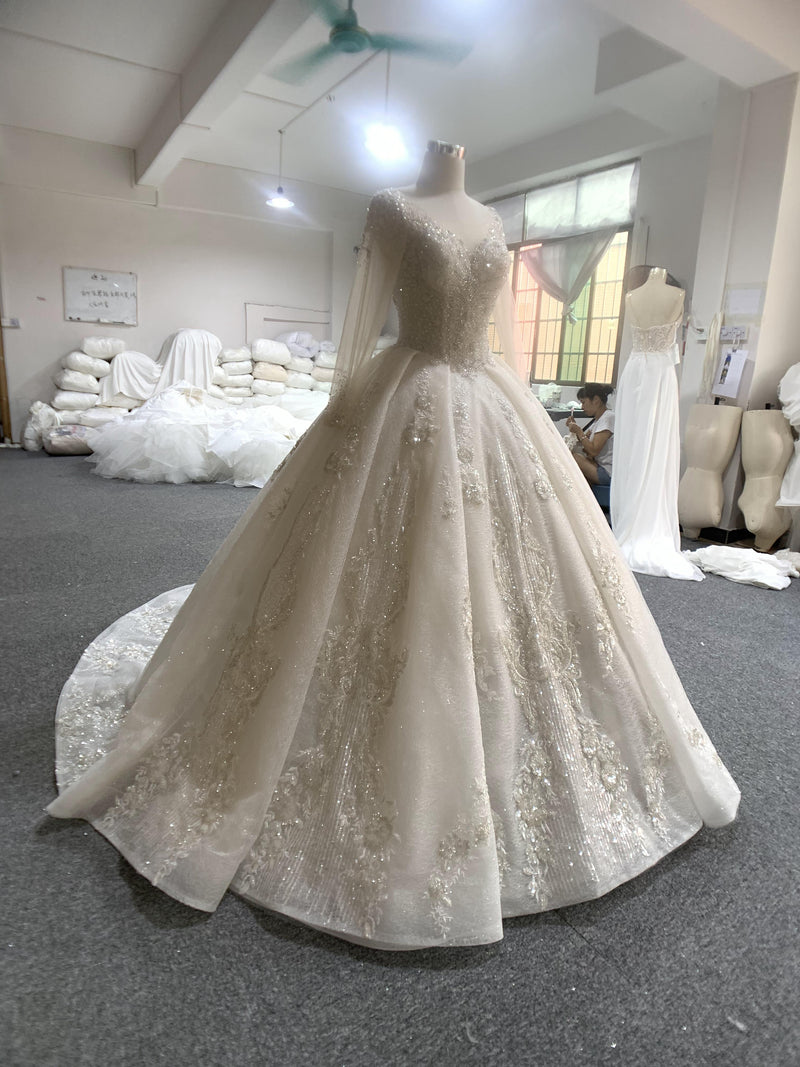 OEM26-909 OEM 2020 champagne color long sleeves beadings wedding dress - wholesale wedding dress