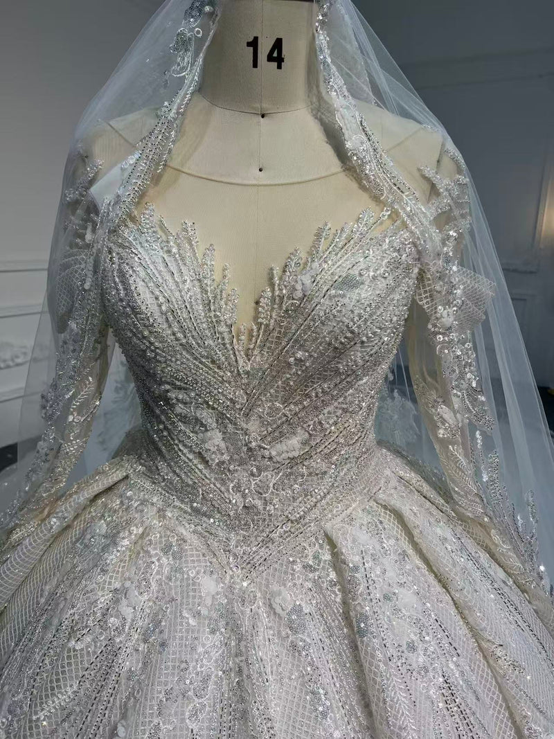 OEM26-913 OEM long sleeves off the shoulder beaded wedding ball gown - wholesale wedding dress