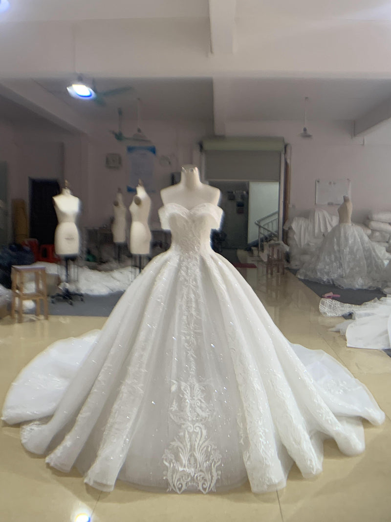 OEM26-915 OEM luxury off the shoulder ball gown with long train - wholesale wedding dress