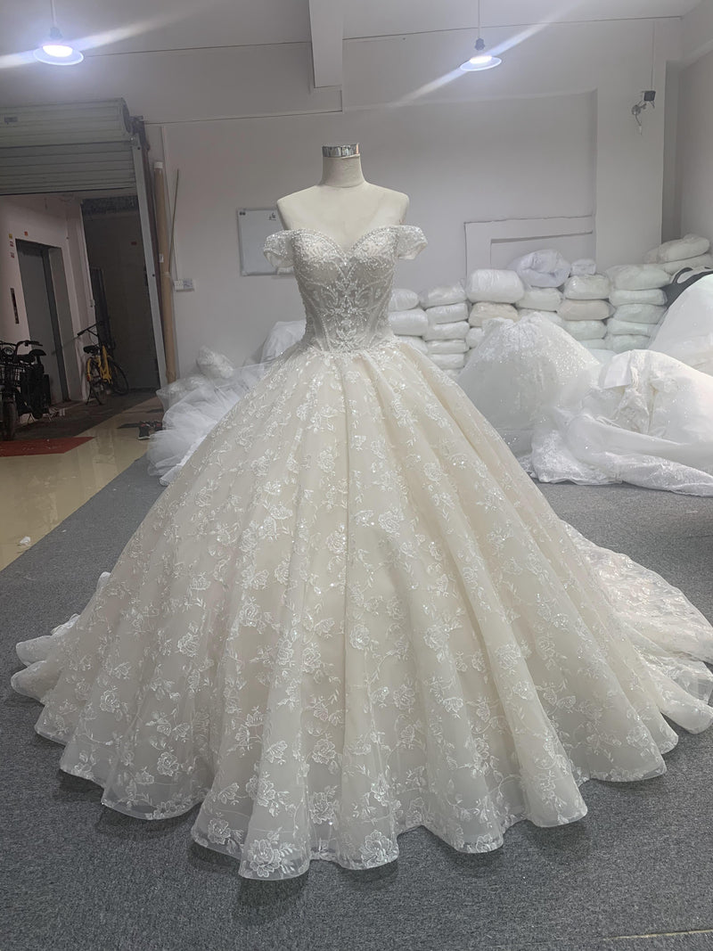 OEM26-916 OEM off the shoulder full lace luxury wedding dress champagne color - wholesale wedding dress