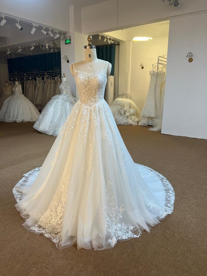 OEM607 OEM607 Beaded Spaghetti Straps A-Line Wedding Dress - Elegant Bridal Gown with Train - wholesale wedding dress