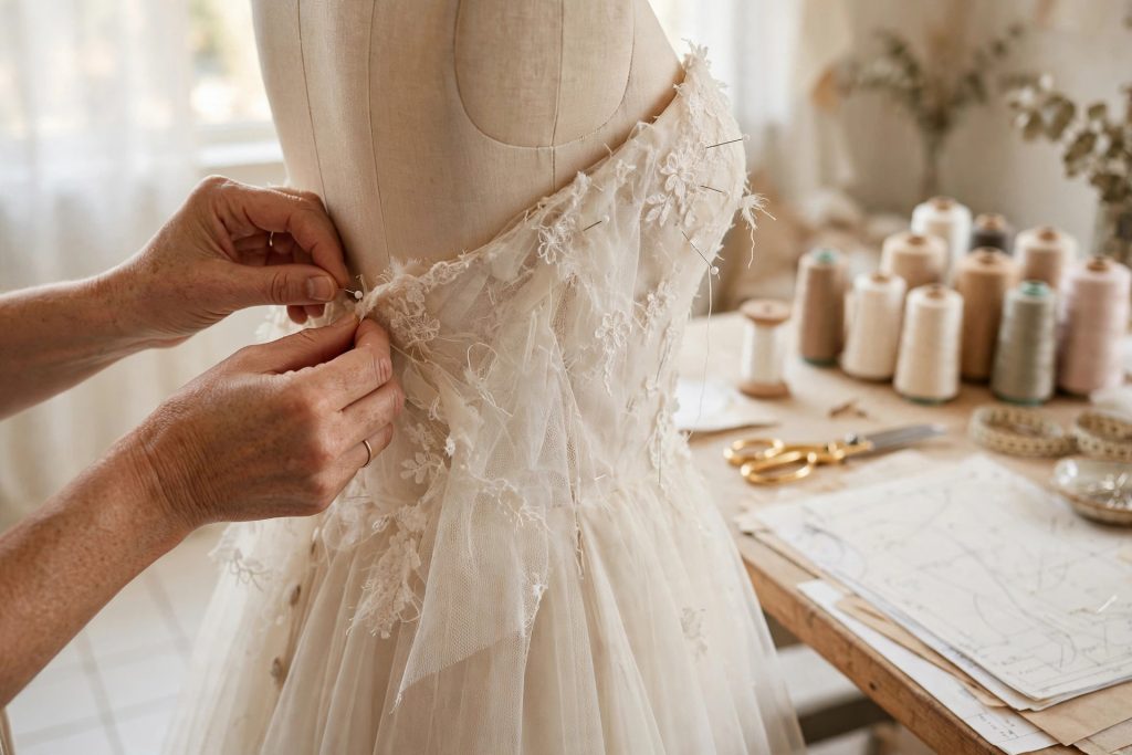 Seamstress pinning an ivory A-line custom wedding dress on a dress form in a bright bridal atelier — typical factory production timeline is 4 to 6 months