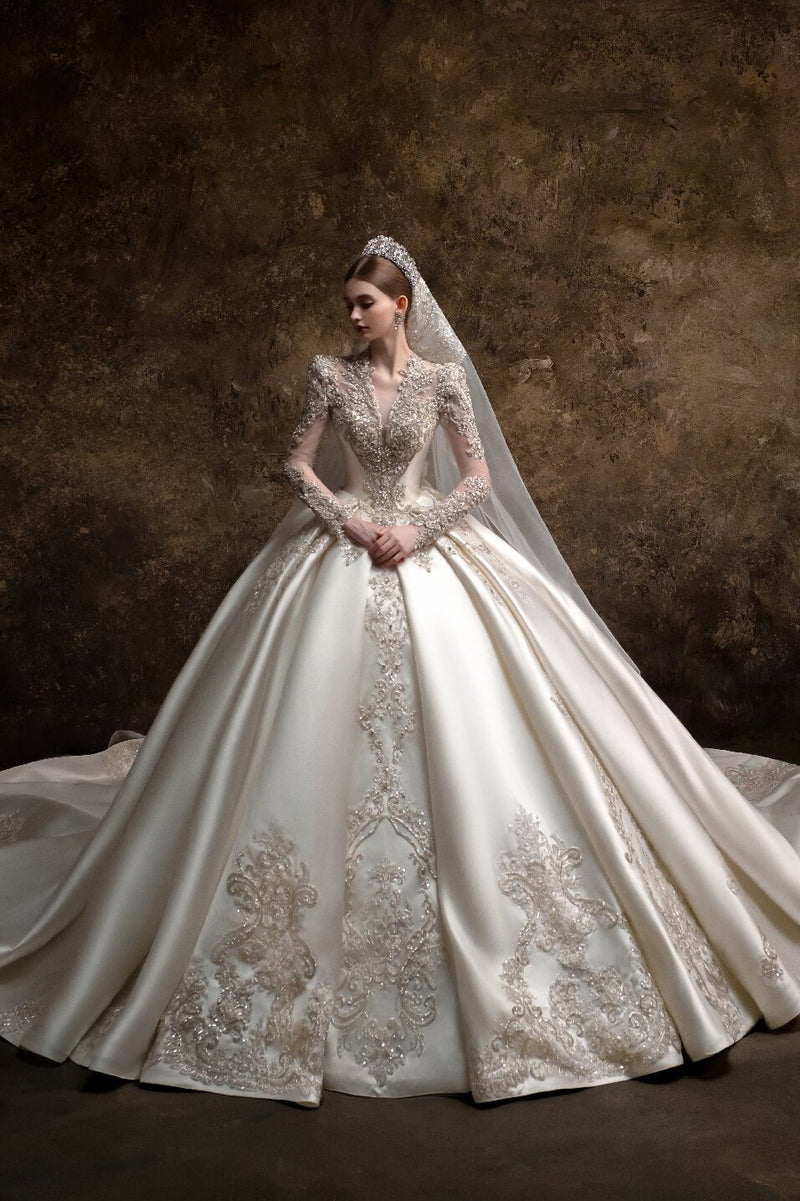 HT-09 HT-09 Luxury Royal Style Long Sleeve Wedding Dress - Mikado Satin Ball Gown with Matching… - wholesale wedding dress