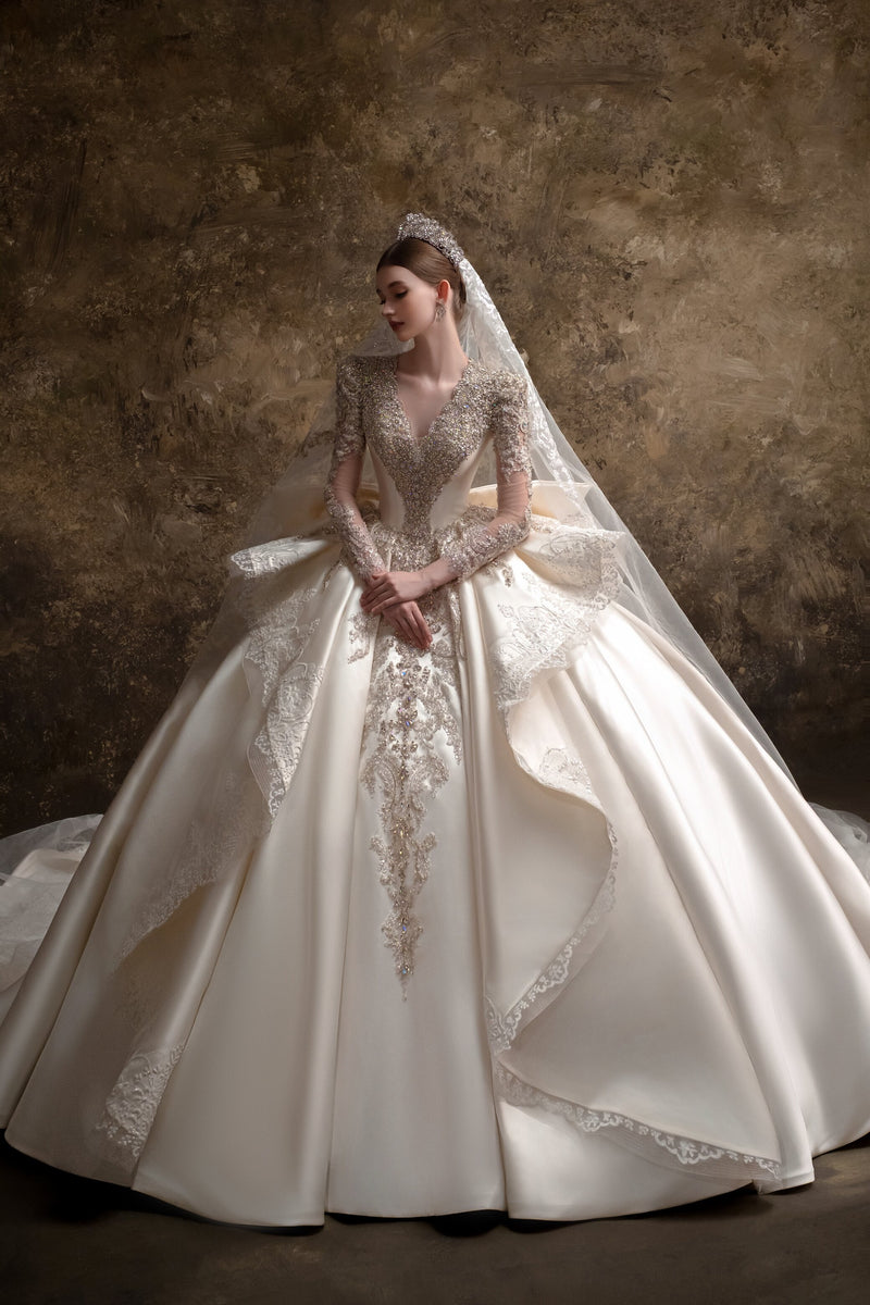 HT-14 HT-14 Elegant V-Neck Long Sleeve Wedding Dress - Royal Ball Gown with Statement Back Bow T… - wholesale wedding dress