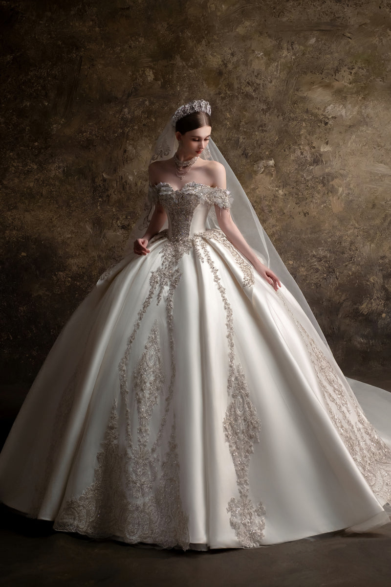 HT-15 HT-15 Off the Shoulder Sweetheart Wedding Dress - Classic Satin Ball Gown Bridal Gown - wholesale wedding dress