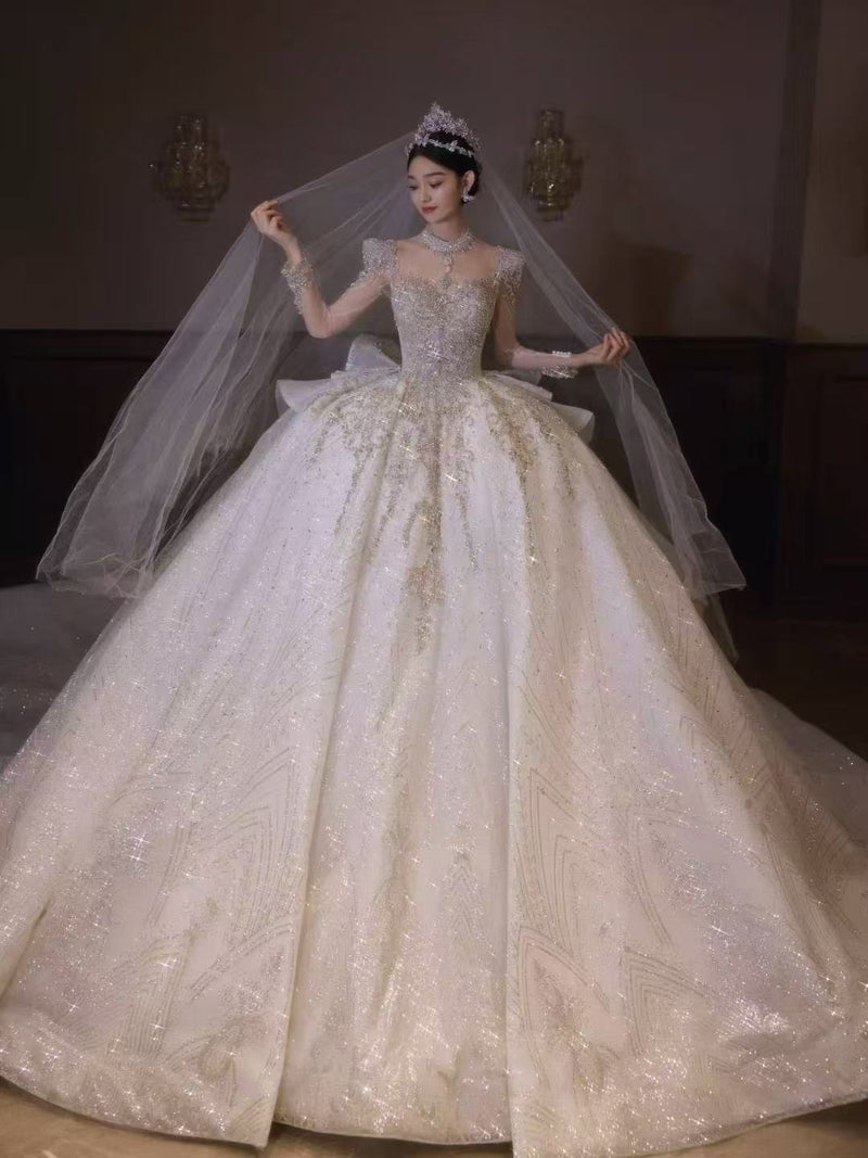 HT-COLLECTION-05 HT COLLECTION 05 LUXURY HEAVY-DUTY LONG-SLEEVED BIG TRAIN WEDDING DRESS - wholesale wedding dress