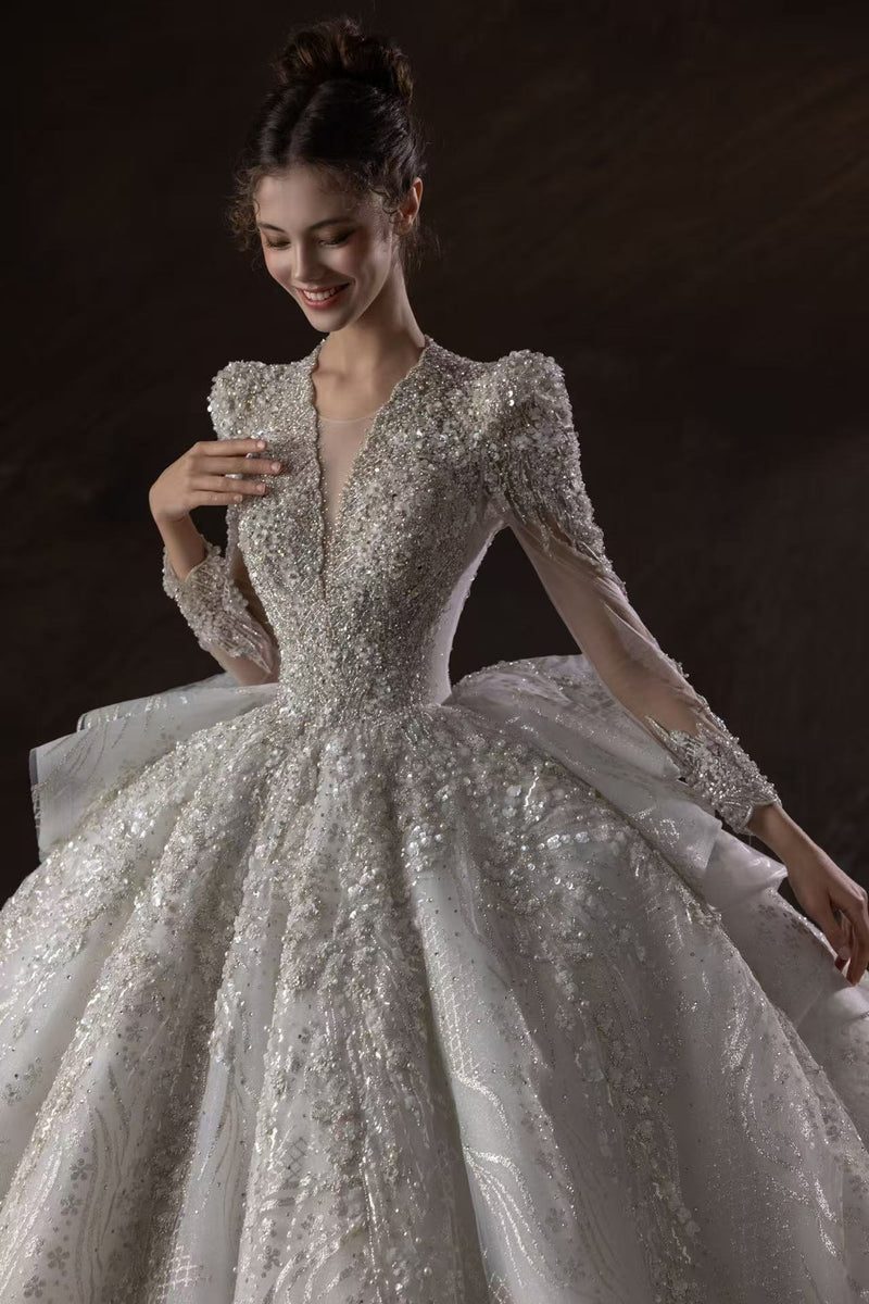 HT-COLLECTION-07 HT COLLECTION 07 LONG-SLEEVE V-NECK HEAVY BEAD LUXURY LONG-TRAIN BALLGOWN - wholesale wedding dress