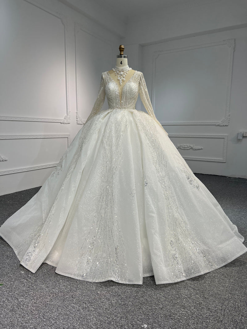 LB19 OEM-#LB19-Luxurious hand-beaded low-cut long-sleeve wedding dress - wholesale wedding dress
