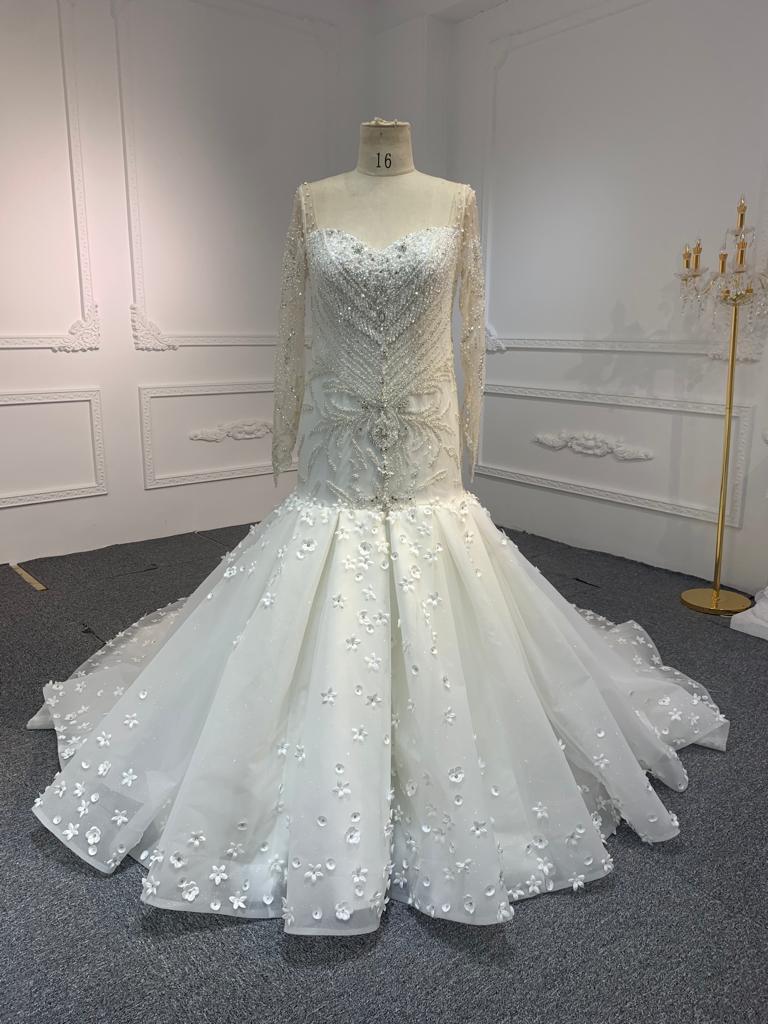 M230707A OEM#M230707A LONG SLEEVE LUXURIOUS PEARL WEDDING DRESS MERMAID DRESS with tail - wholesale wedding dress