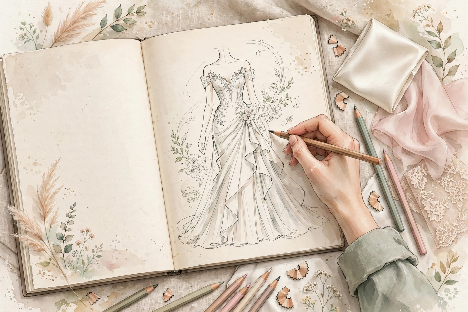 Illustrative designer sketching a bridal gown in a sketchbook