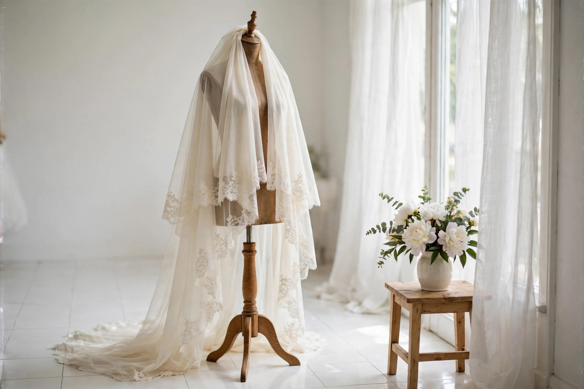 Illustrative bridal veil draped on a display stand with white flowers