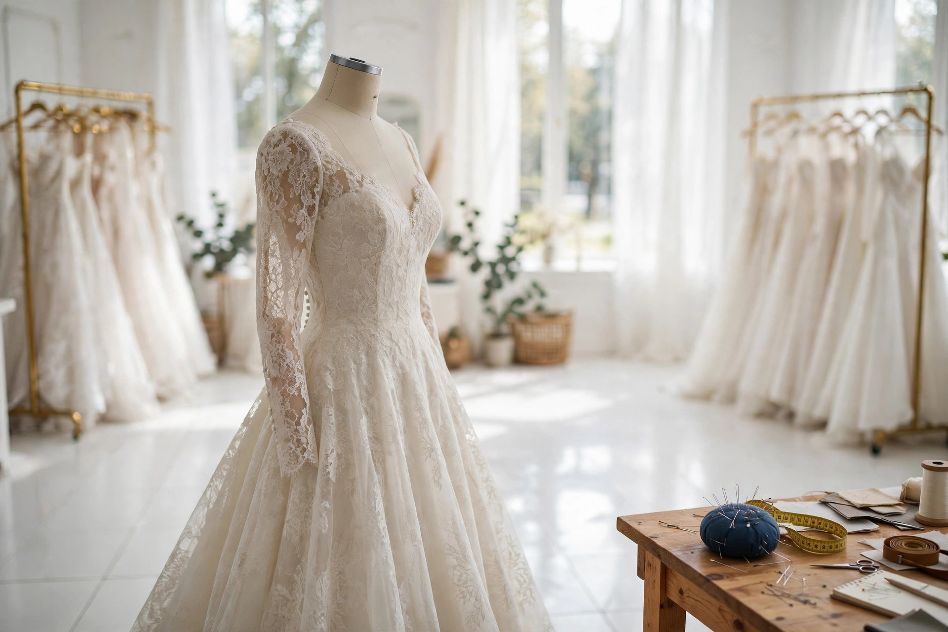 Illustrative wedding gown on a dress form in a bridal atelier