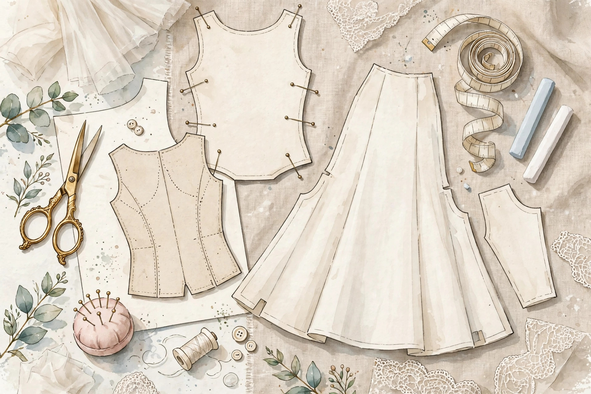 Illustrative wedding dress pattern pieces and measuring tools on a cutting table