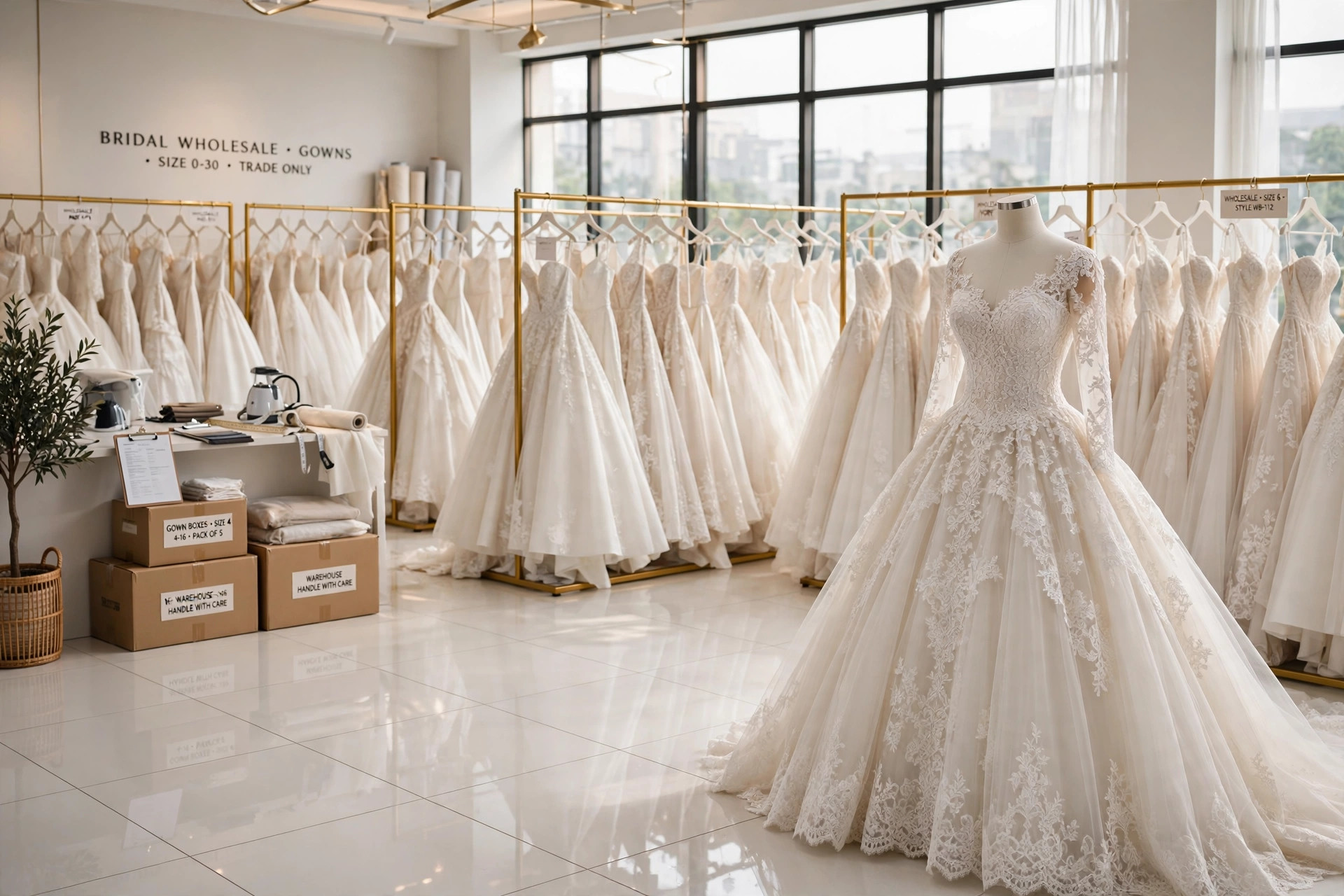 Illustrative rail of bridal and evening gowns in a showroom