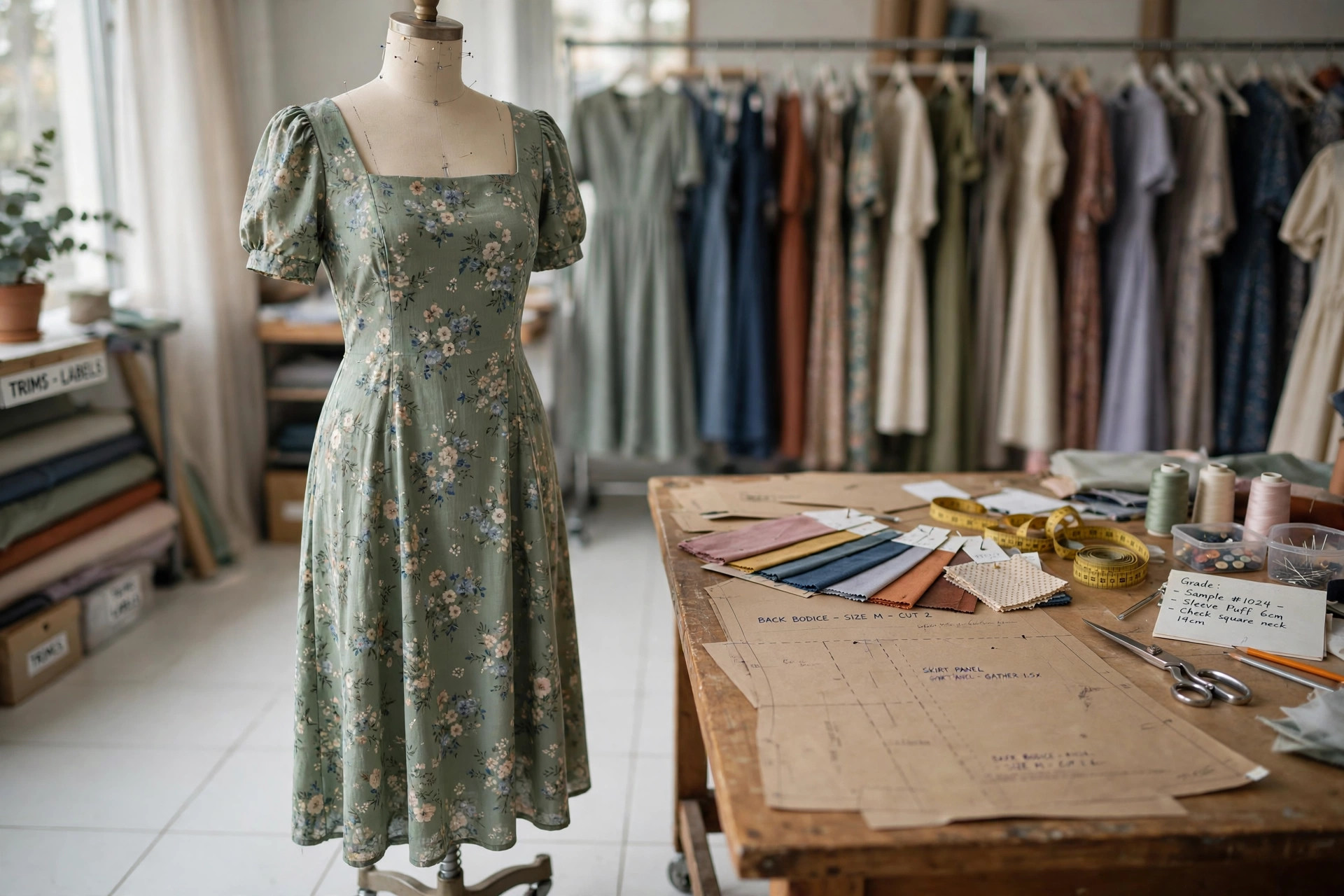 Women's apparel OEM design atelier — pattern table with dress patterns and fabric samples