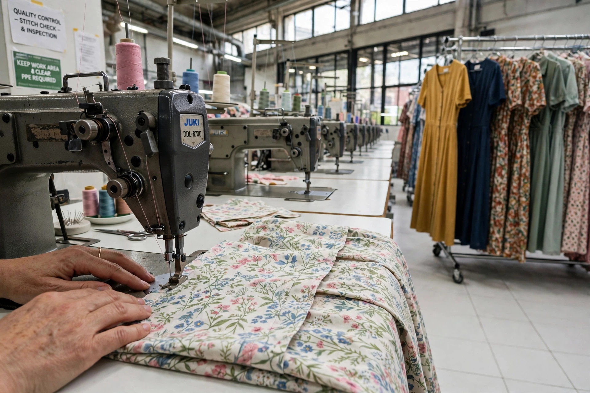 Women's dress factory production — seamstresses sewing women's apparel in bulk