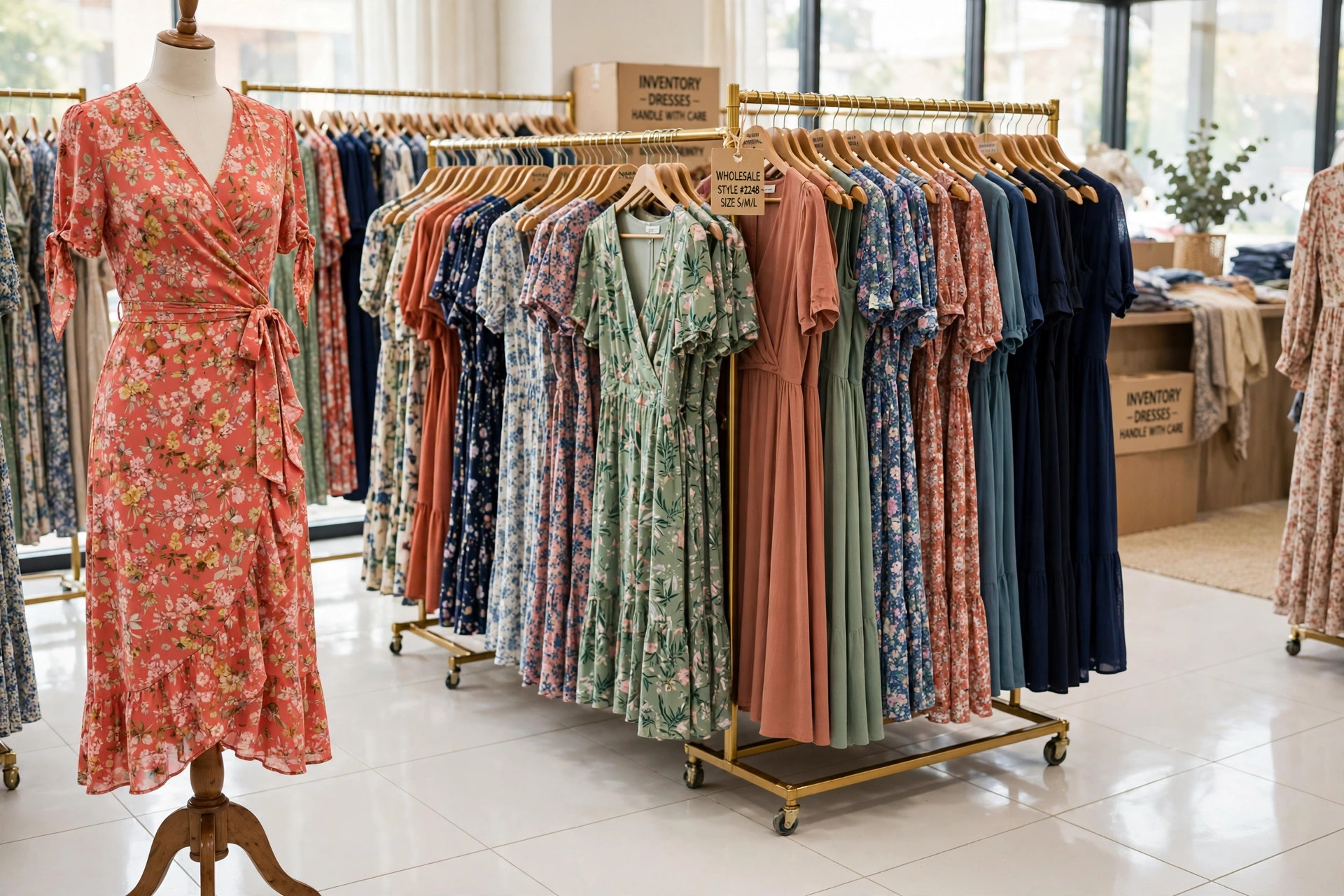 Women's dresses wholesale showroom — rails of women's apparel ready for bulk OEM orders