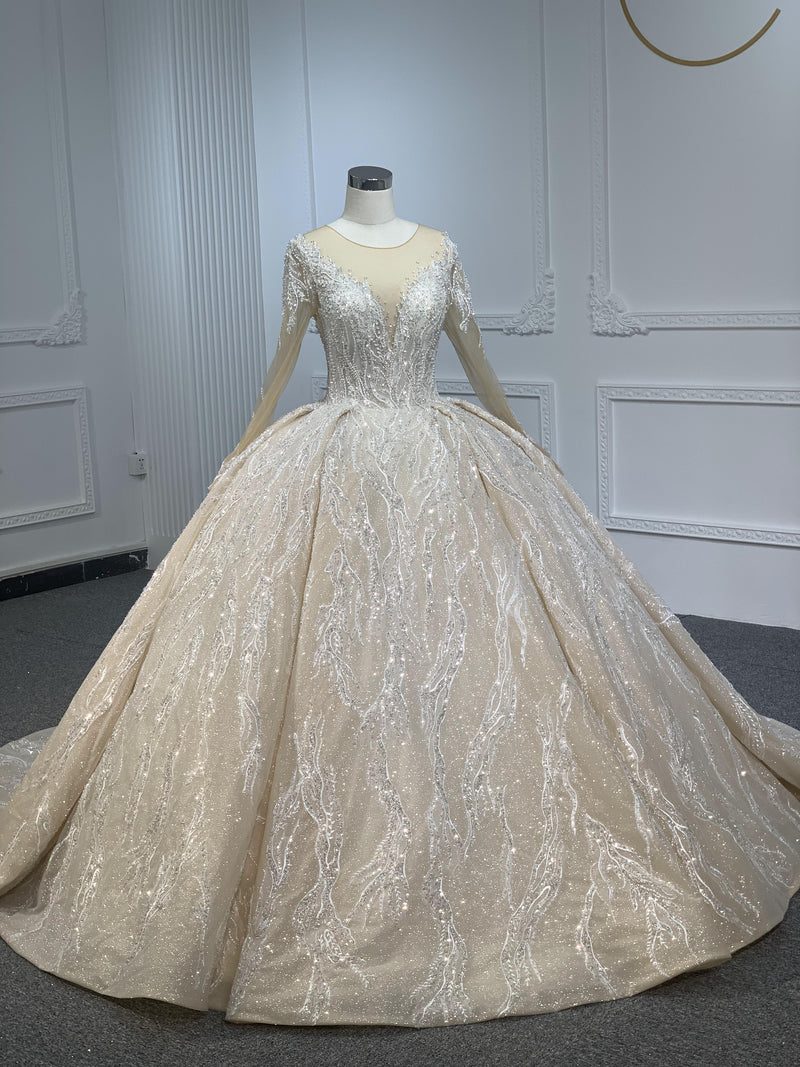 PD003 PD003- OEM CHAMPAGNE SWEETHEART NECKLINE BALL GOWN WITH LONG SLEEVES - wholesale wedding dress