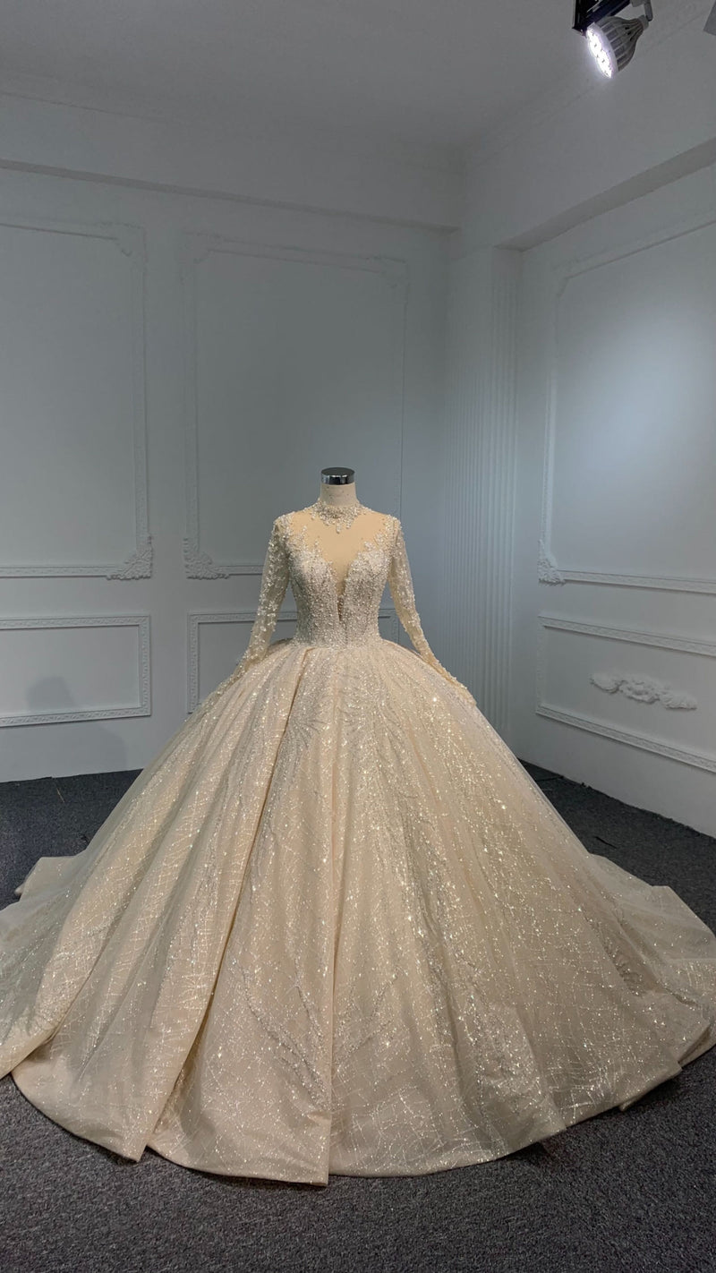PD004-2 PD004- OEM CHAMPAGNE SWEETHEART NECKLINE BALL GOWN WITH LONG SLEEVES - wholesale wedding dress