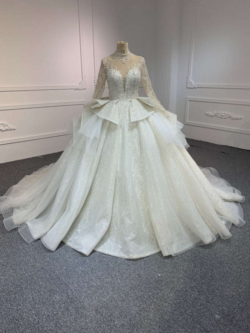 PD004 OEM#PD004 Long-sleeved luxury beaded premium lace with floating panels - wholesale wedding dress