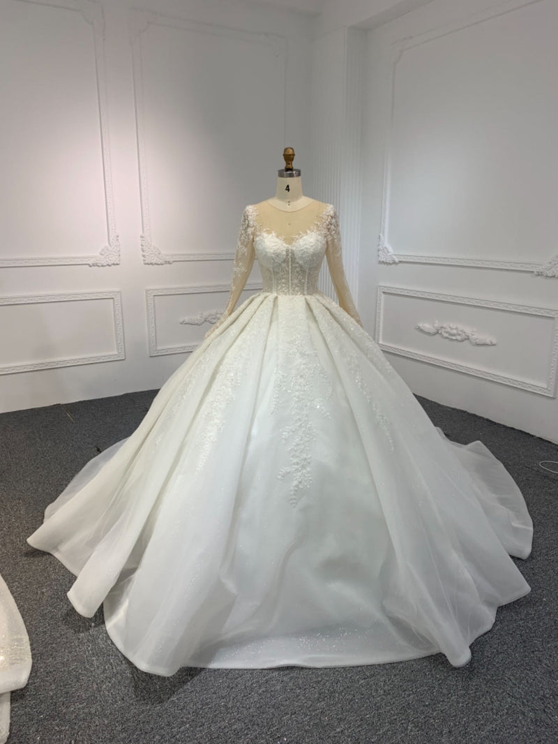 PD009 PD009- OEM SHINY BEADING LACE BALL GOWN WITH LONG SLEEVES - wholesale wedding dress