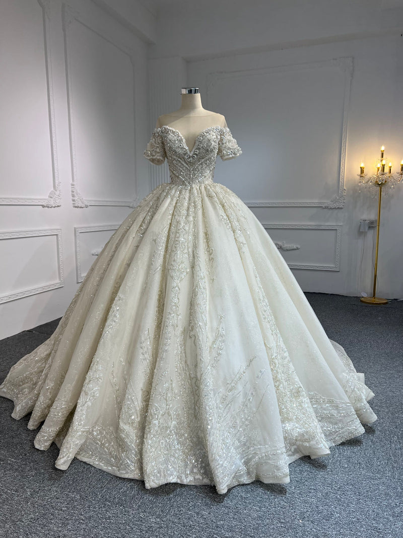 PD023 OEM#PD023-LUXURY SHORT SLEEVES WITH HEAVY BEADINGS BWLLGOWN - wholesale wedding dress