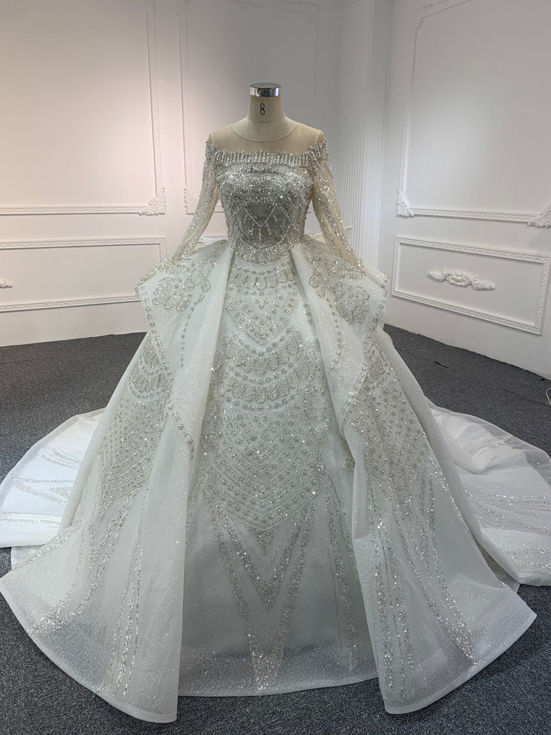 PD027 OEM#PD027-LUXURY LONG SLEEVES WITH HEAVY BEADINGS BWLLGOWN - wholesale wedding dress