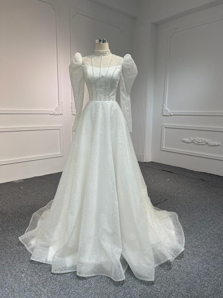 WL52 OEM #WL52 FULL LACE SEQUINS PUFF SLEEVES A-LINE DRESS - wholesale wedding dress