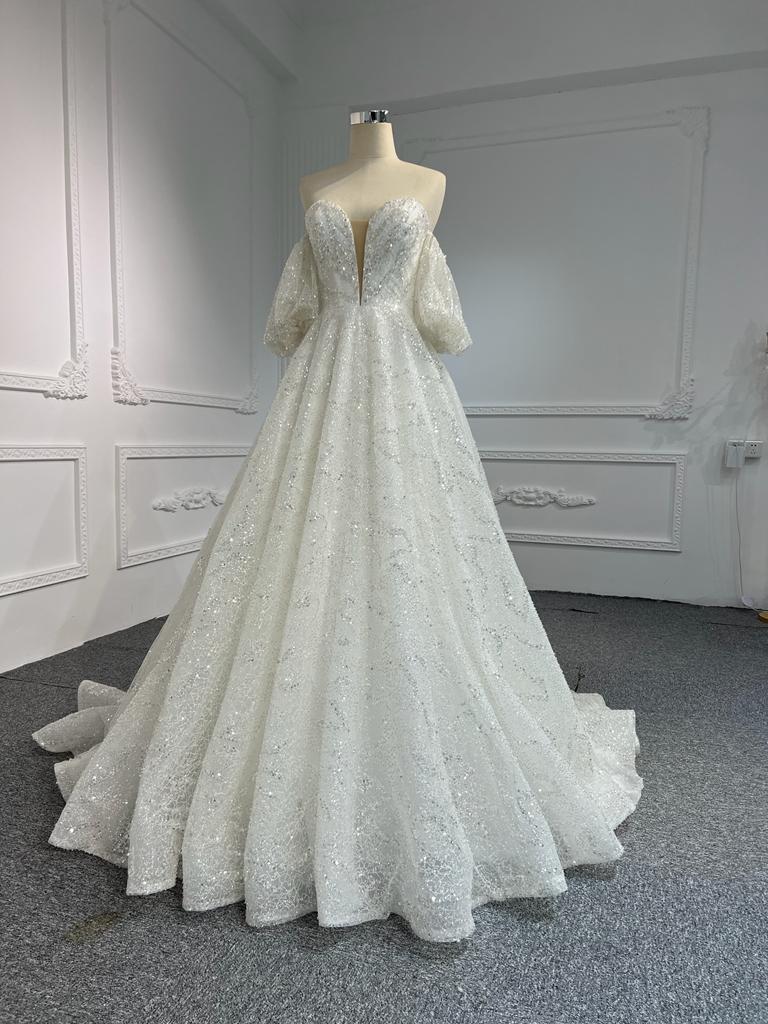 WL54 OEM #WL54 FULL LACE SEQUINS PUFF SLEEVES MERMAID DRESS - wholesale wedding dress