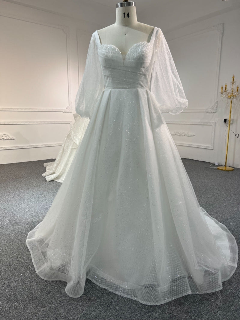 WL59 OEM #WL59 FULL LACE SEQUINS PUFF SLEEVES A-LINE DRESS - wholesale wedding dress