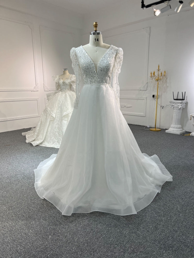 WL60 OEM #WL60 FULL LACE SEQUINS PUFF SLEEVES A-LINE DRESS - wholesale wedding dress